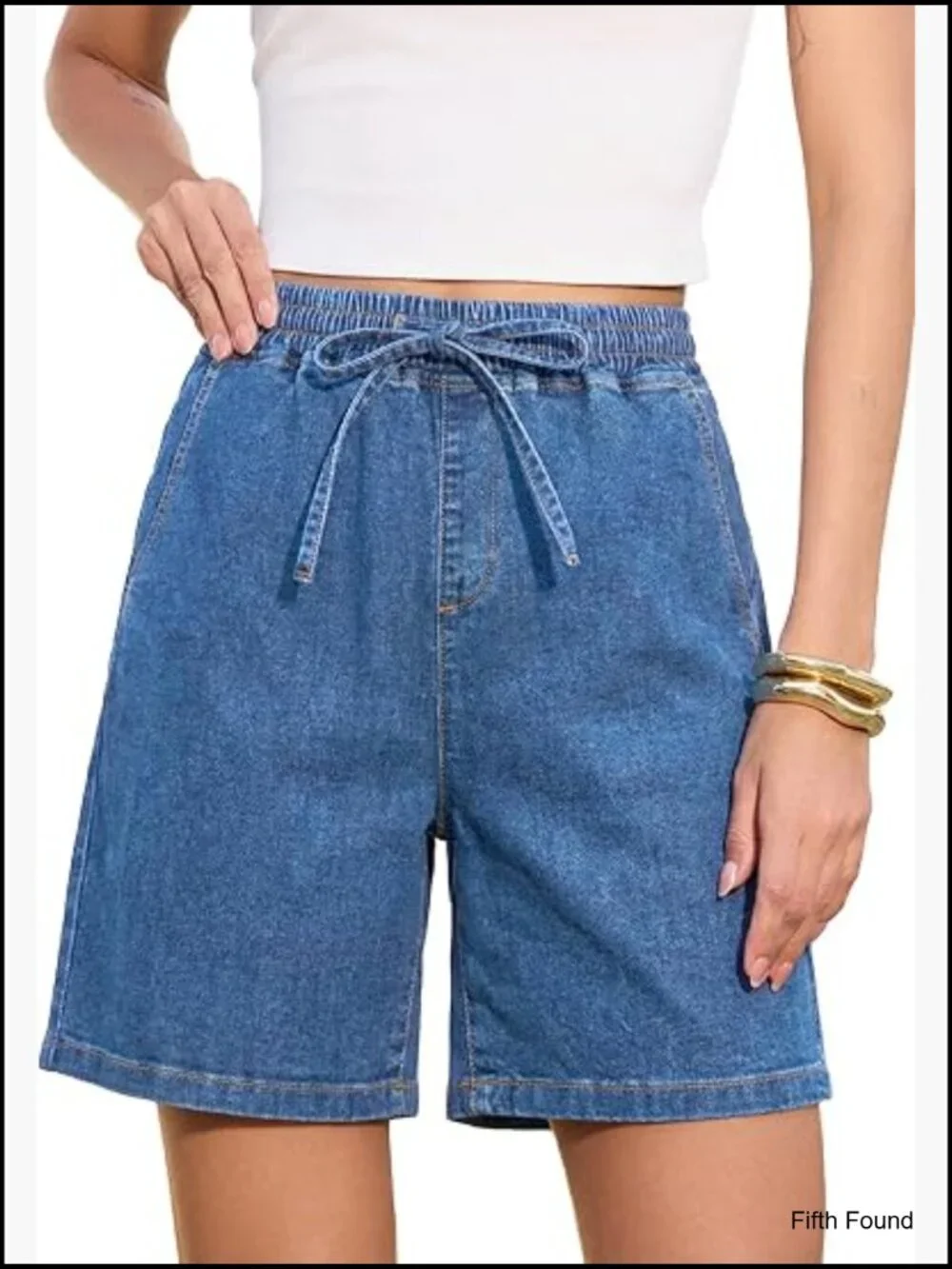 High Waisted Stretchy Denim Shorts with Drawstring Elastic Waist Baggy Summer